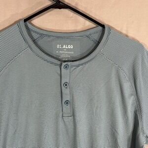 01.Algo T-Shirt Mens Large Gray Striped Henley Performance Quicky Dry UPF Recycl